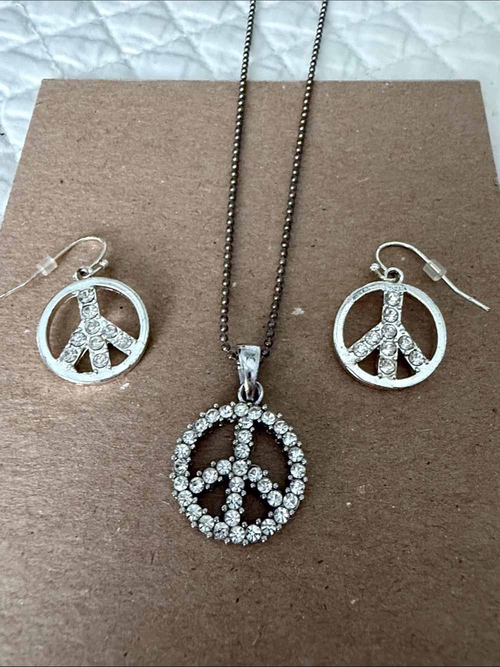 Crystal Peace Sign Necklace & Earring Set - Silver with Diamonds